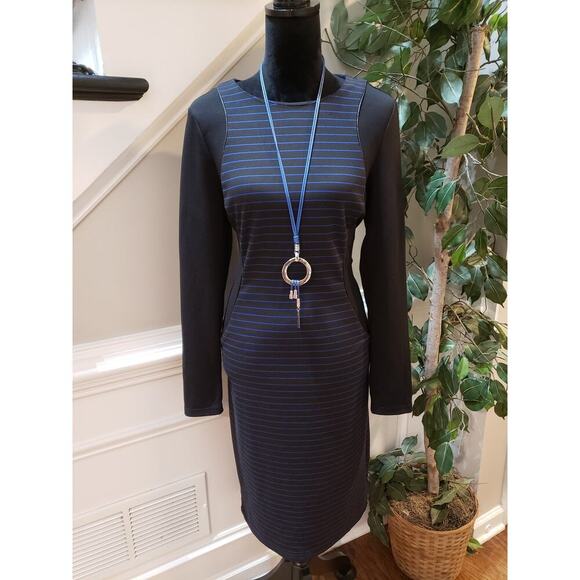Spense Sheath Dress Women's Size 10 Blue Striped Rayon Stretch Long Sleeve - Picture 2 of 12